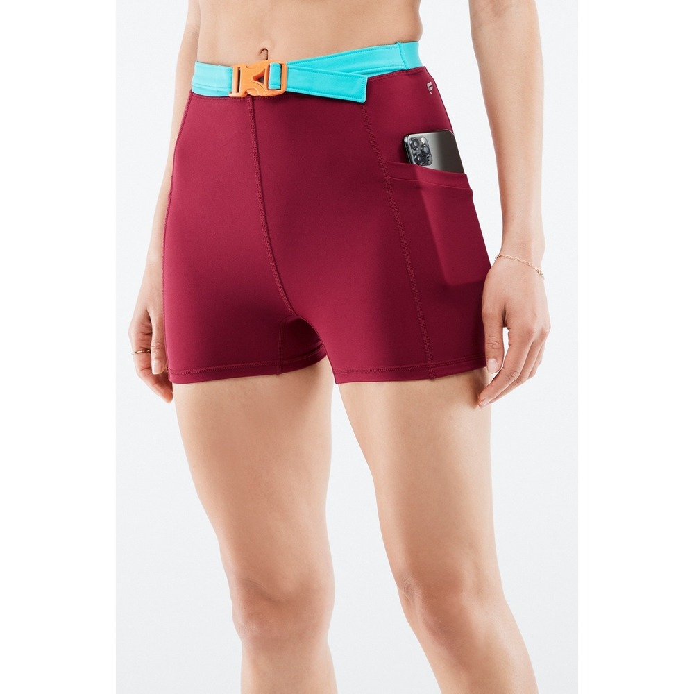 Fabletics Motion365 Solid Biker Shorts Burgundy Teal Buckle Athletic Size S